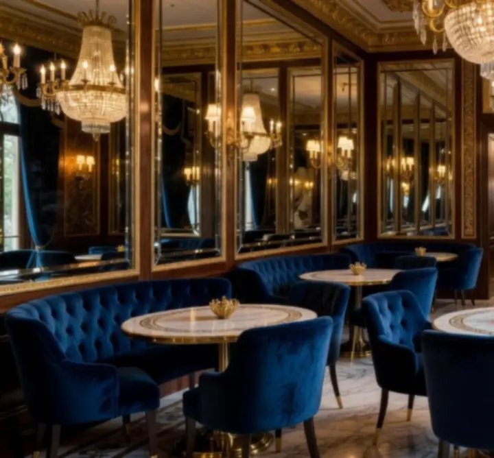 Intérieur de style casino français avec lumières tamisées et mobilier contemporain
