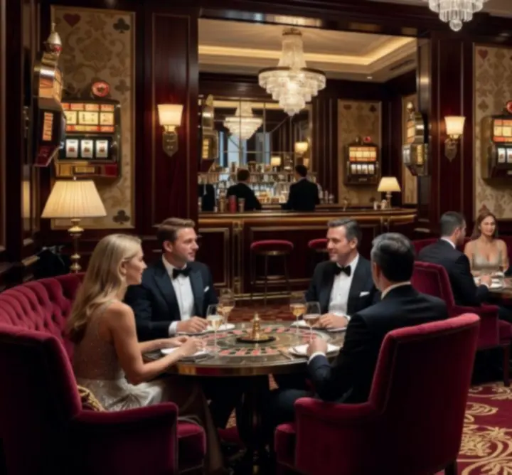 Intérieur de style casino chic à PARIS WAGER, avec lumières tamisées et détails dorés.