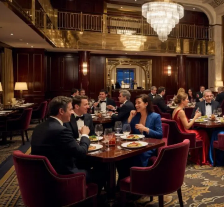 Vue d'ensemble de la salle principale du restaurant PARIS WAGER, avec fauteuils en velours et éclairages chaleureux.